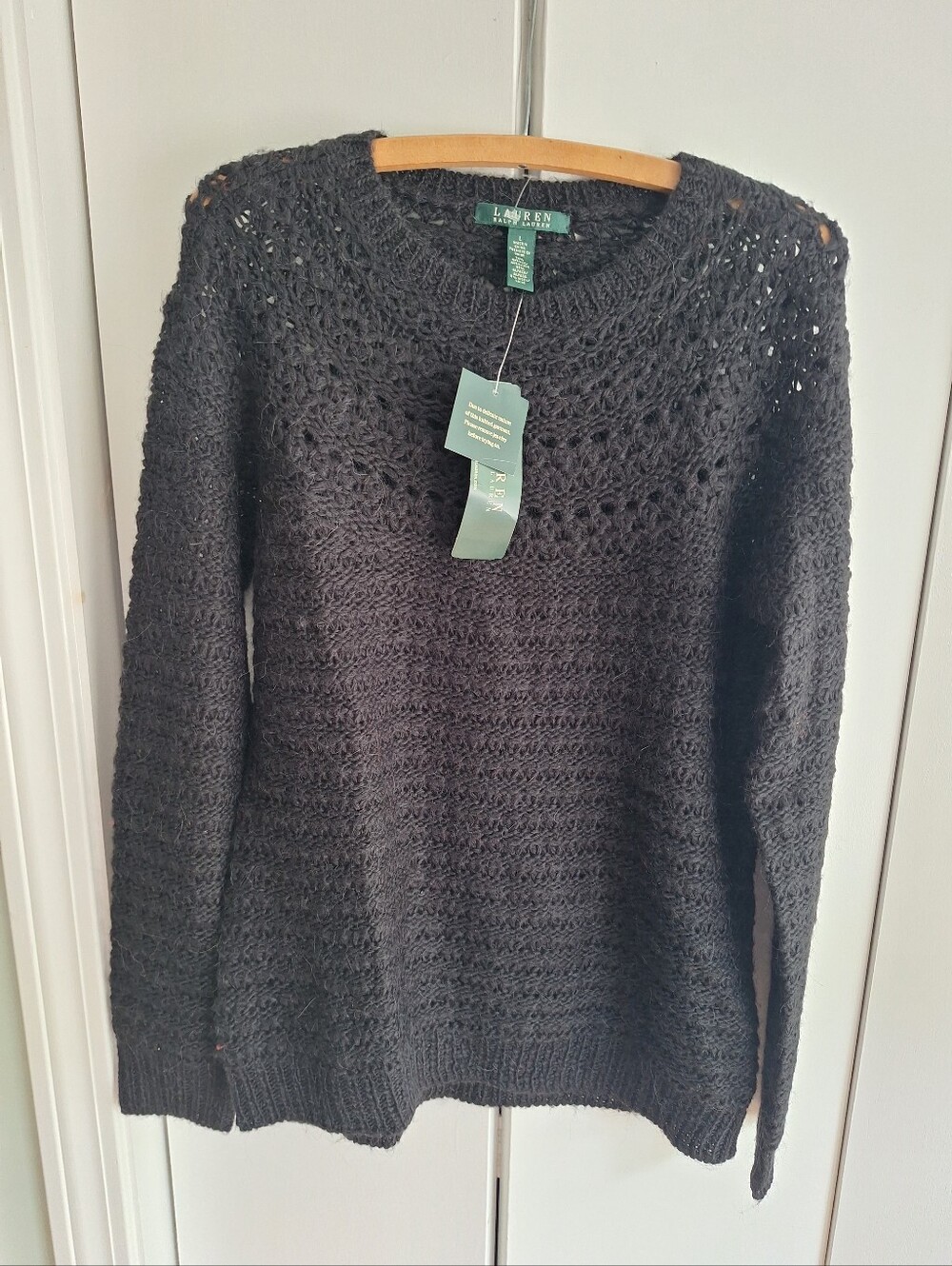 Lauren Ralph Lauren Black Crochet Crewneck Pullover Sweater